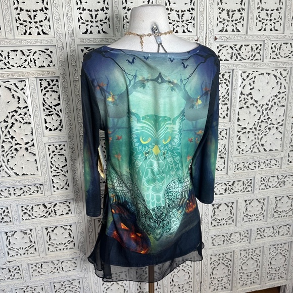 NWT One World Green Grunge Halloween Owl Themed Graphic 3/4 Sleeve Flowy Blouse - Picture 6 of 8